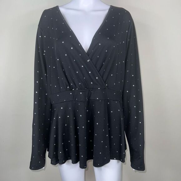 Bloomchic Tops - Bloomchic Black with Silver Sparkle Dots Surplus Peplum Blouse